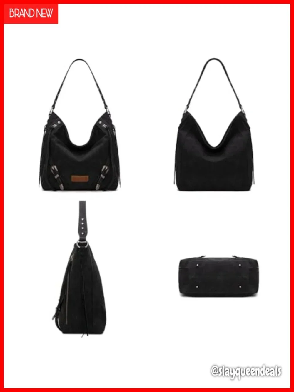 Faux Suede Hobo Shoulder Bag with Fringe Buckle Studs